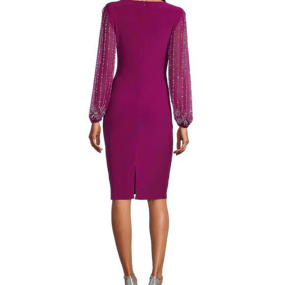 Marina Beaded Mesh Long Sleeve Side Drape Dress Size 8 - Picture 7 of 9